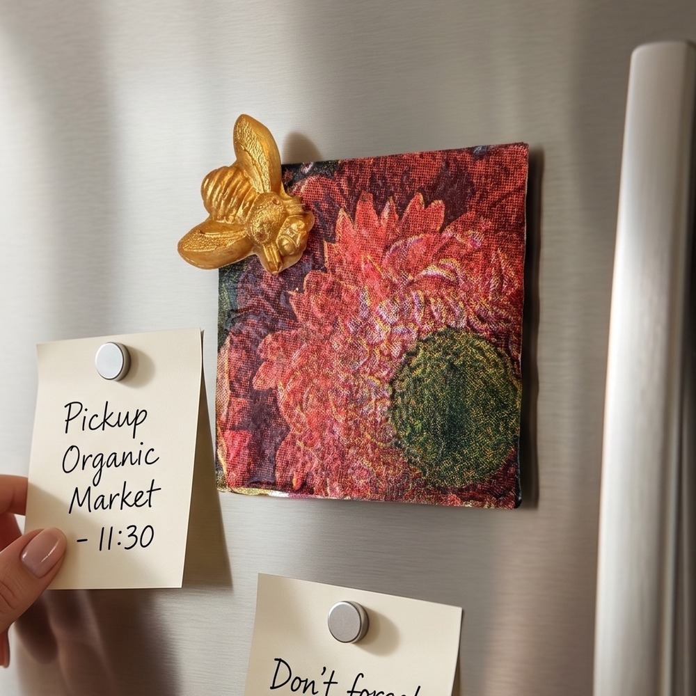 Handmade Floral Bee Mini Canvas Magnet Unisex OS Multicolor Gold Whimsical Art